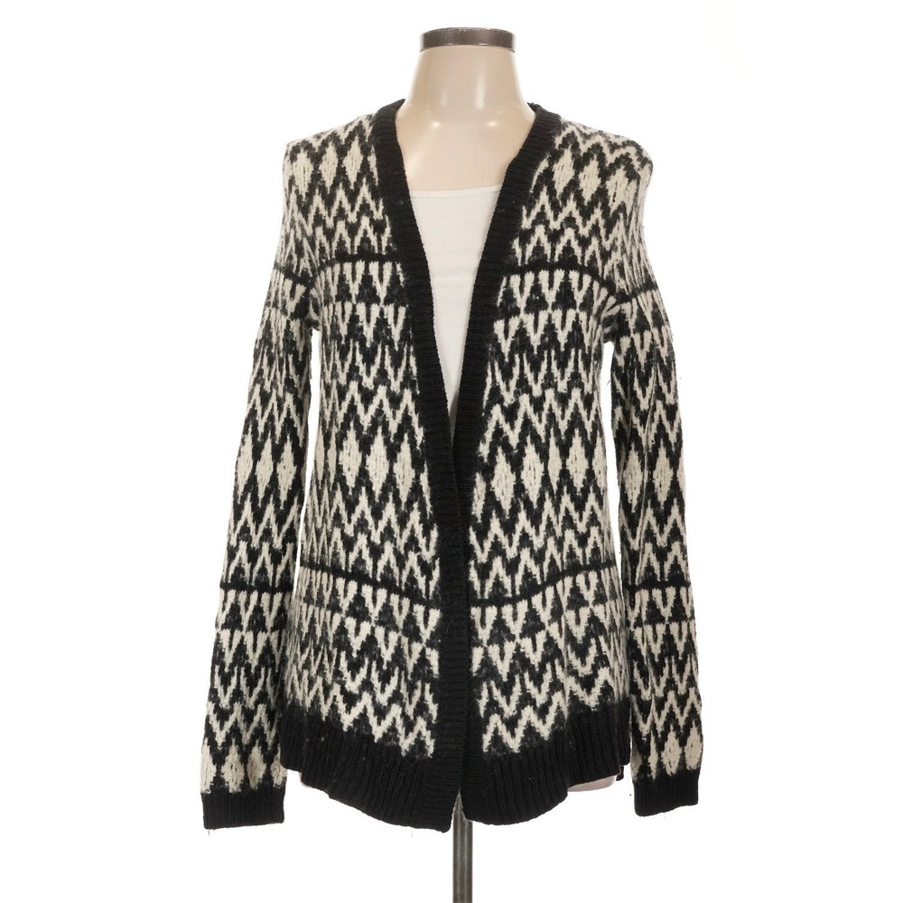 Lou & Grey Black White Geometric Chevron Wool Blend Open Front Cardigan L